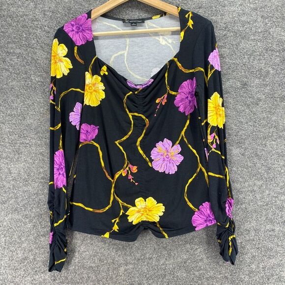INC International Concepts Blouse Women S Small Black Floral V-Neck Long Sleeve - Picture 1 of 9